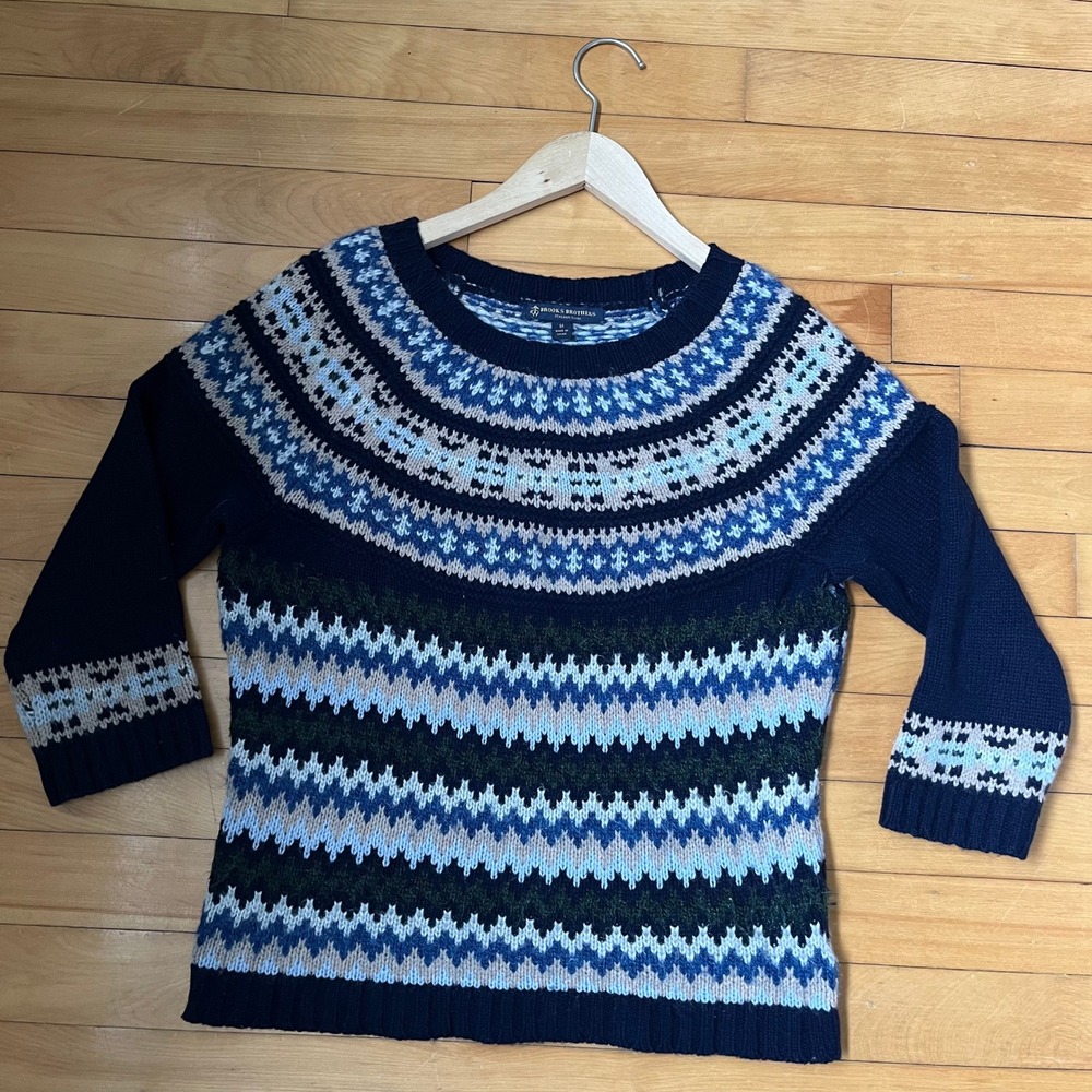Brooks Brothers Merino Wool Fair Isle Sweater Navy Blue 3/4 Sleeve Womens Medium